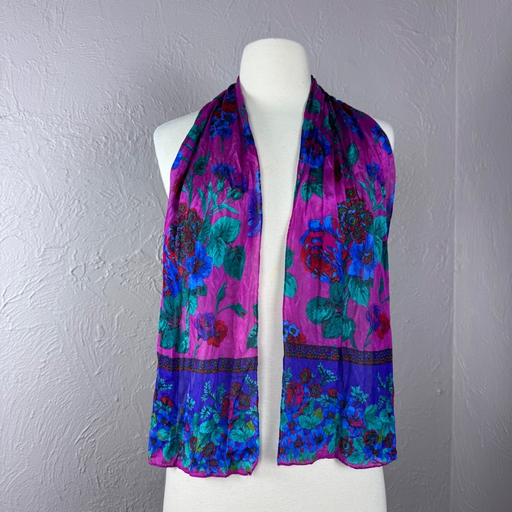 Vintage 90s scarf dark jewel tone florals fuchsia, teal, purple dark romantic